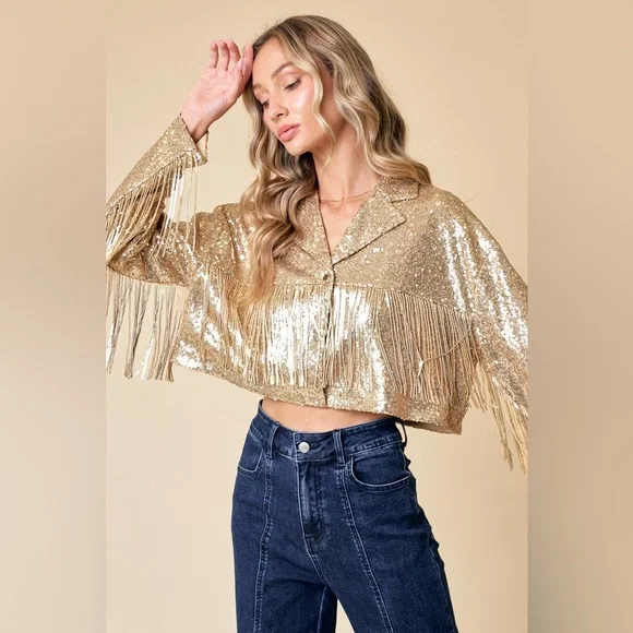 62B. Fringe Sequin Crop Jacket - Gold
